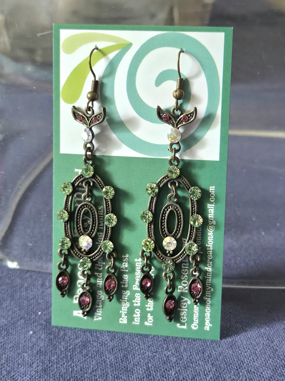 Vintage Turkish Dangle Rhinestone Earrings Green and Purple